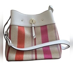 Kate Spade New York Striped Canvas Leather Shoulder Bag Pink Coral White – NWOT